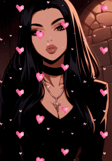 a girl with long black hair and a cross necklace
