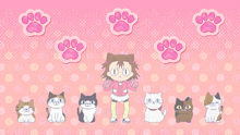 a group of cats are standing in a line with paw prints in the background