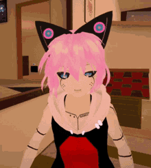 a girl with pink hair and cat ears is wearing a red and black dress