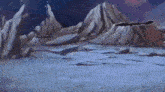 a cartoon scene of a robot flying over a rocky planet .
