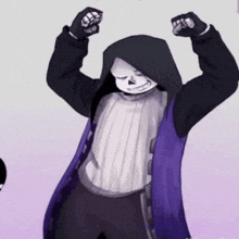 a drawing of a skeleton wearing a purple coat and a black hoodie .