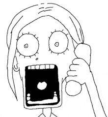 a black and white drawing of a woman holding a cell phone in her mouth