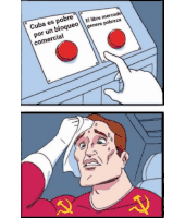 a cartoon of a man pressing a button that says cuba es pobre por un bloqueo comercial on it