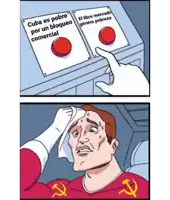 a cartoon of a man pressing a button that says cuba es pobre por un bloqueo comercial on it