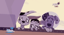 a cartoon of three dalmatian dogs with a spider-man logo in the background