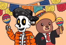 a cartoon illustration of a skeleton and a teddy bear holding maracas