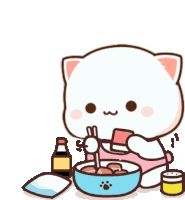 a cartoon cat is eating from a bowl with chopsticks .