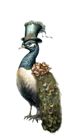 a peacock wearing a top hat with a flower on its shoulder