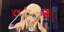a blonde anime girl with blue eyes is standing in front of a sign that says arcade