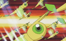 a bunch of cartoon birds with green eyes are flying in the air