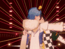a couple of anime characters are standing next to each other in front of a glowing background .