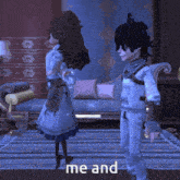 a girl and a boy are standing next to each other in a room with the words me and on the bottom