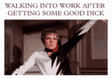 a cartoon of a woman walking into work after getting some good dick