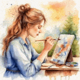 a woman is painting a picture on an easel with a brush