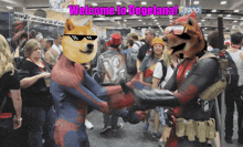 a doge wearing sunglasses shakes hands with a man in a deadpool costume