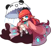 a girl with red hair and blue eyes is holding an umbrella with a panda face on it