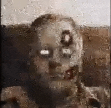 a close up of a person 's face behind a window with a blurry background .