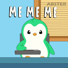 a cartoon of a penguin sitting at a desk with the words meme me above him