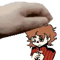 a pixel art drawing of a person holding a flower with a hand behind them