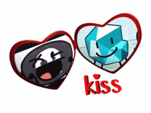 a couple of heart shaped buttons with the word kiss on the bottom