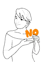 a black and white drawing of a woman holding up an orange no sign