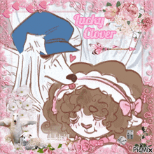 a picture of a girl and a dog with the words lucky clover