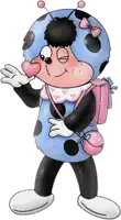a ladybug wearing a blue and black outfit with a pink backpack