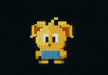a pixel art of a yellow alien with a blue shirt on .