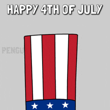 a happy 4th of july greeting card with a penguin wearing a patriotic top hat
