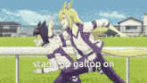 a cartoon of two people giving each other a high five with the words stand up gallop on
