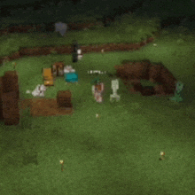 a group of animals are standing in a grassy field in a minecraft game .