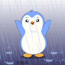 a blue and white penguin standing in the rain with the word penguin below it