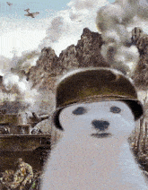 a painting of a dog wearing a soldier 's helmet and a tank in the background