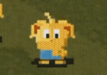 a pixel art of a yellow dog with a blue shirt on .