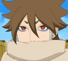 a close up of a cartoon character 's face with red eyes