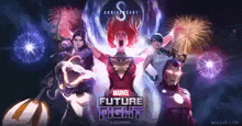 a poster for marvel future fight shows fireworks in the background