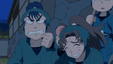 a group of cartoon characters are standing next to each other with one making a face