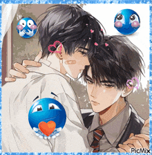 a picture of two men hugging with a blue ball with a face on it that says picmix on the bottom