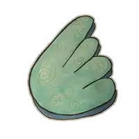 a drawing of a green hand with swirls around it