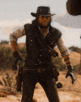 a man wearing a cowboy hat and gloves holds a gun