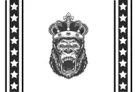 a black and white drawing of a gorilla with a crown on