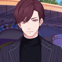 a man with purple hair is wearing a black turtleneck and a striped jacket