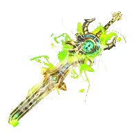 a sword with a green and gold design on it