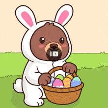 a cartoon of a bear dressed as a bunny holding an easter basket
