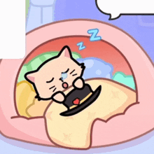 a cartoon cat is sleeping in a bed with a speech bubble that says nz