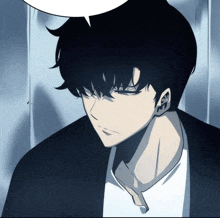 a close up of a man 's face with a speech bubble above him