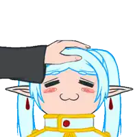 a person petting a cartoon character 's head with tears coming out of her eyes
