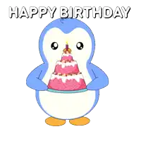 a penguin is holding a birthday cake with a candle in it