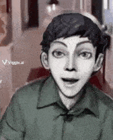 a black and white drawing of a young man in a green shirt .