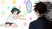 a cartoon of a man looking at a girl with a speech bubble above her head